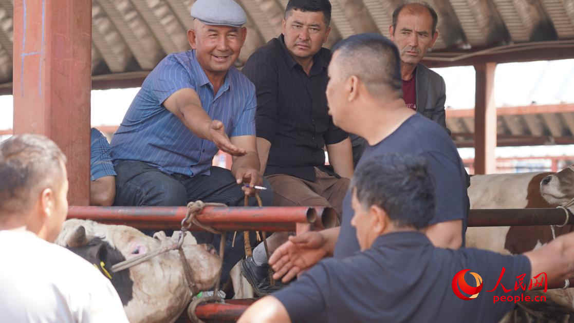 在黃公巴扎的活畜交易區(qū)雙方正在交談。人民網(wǎng) 李龍攝